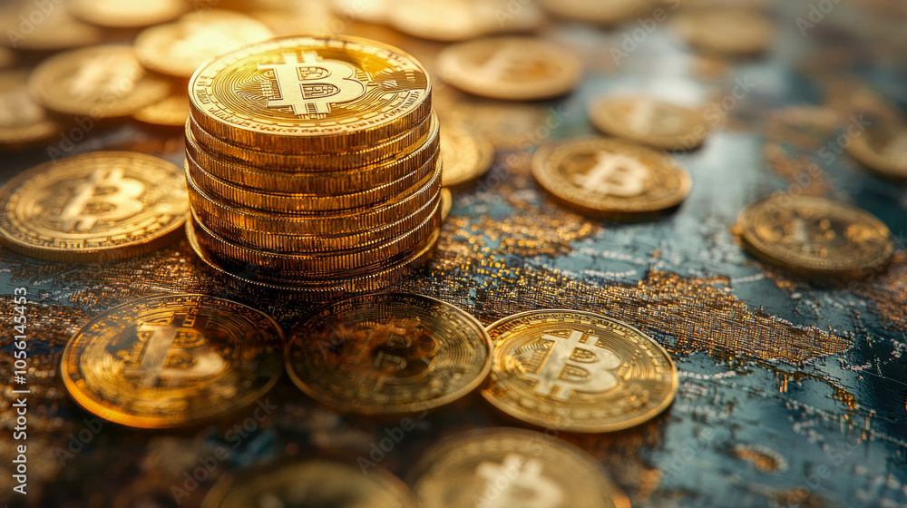 Poster close-up of a stack of golden bitcoins arranged on a wooden surface, representing cryptocurrency and