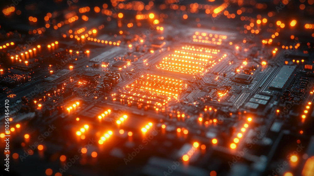 Poster artistic abstract close-up of a circuit board with glowing orange lines, representing digital pathwa