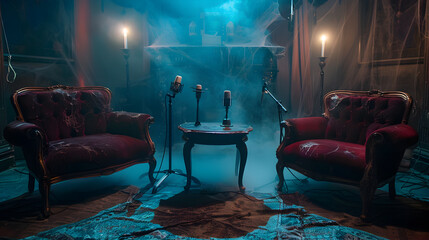 A spooky, dimly lit room with two red velvet armchairs, a small table with two microphones and candlesticks, and a web of cobwebs in the background.