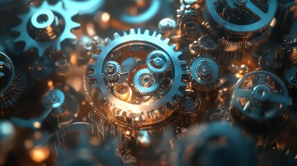 A highly detailed close-up of mechanical gears interlocking in dynamic motion, symbolizing precision, engineering, and the harmonious complexity of machinery.