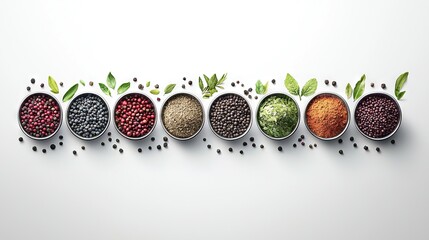   A line of spoons holding various kinds of beans and leaf sprouts stacked together