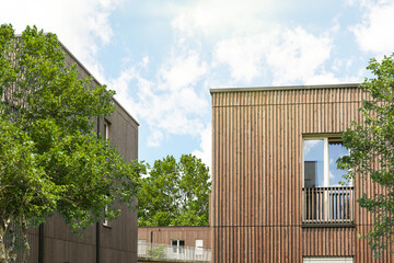 Residential area with ecological and sustainable green residential buildings, low-energy houses with wooden facade, timber construction and green courtyard