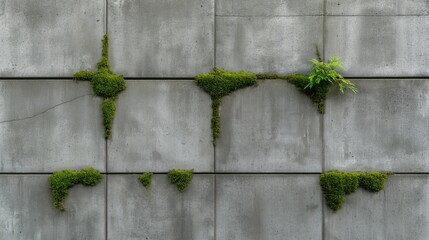 Concrete wall with green moss and small plant growing in cracks, forming an abstract natural pattern on industrial surface.