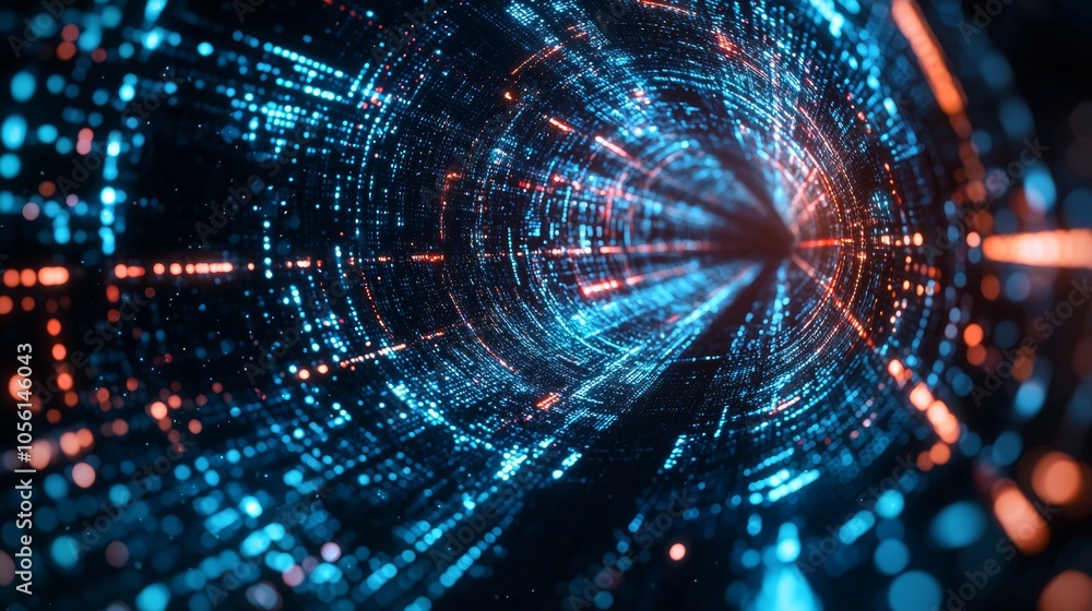 Poster futuristic data tunnel with dynamic lights and digital code
