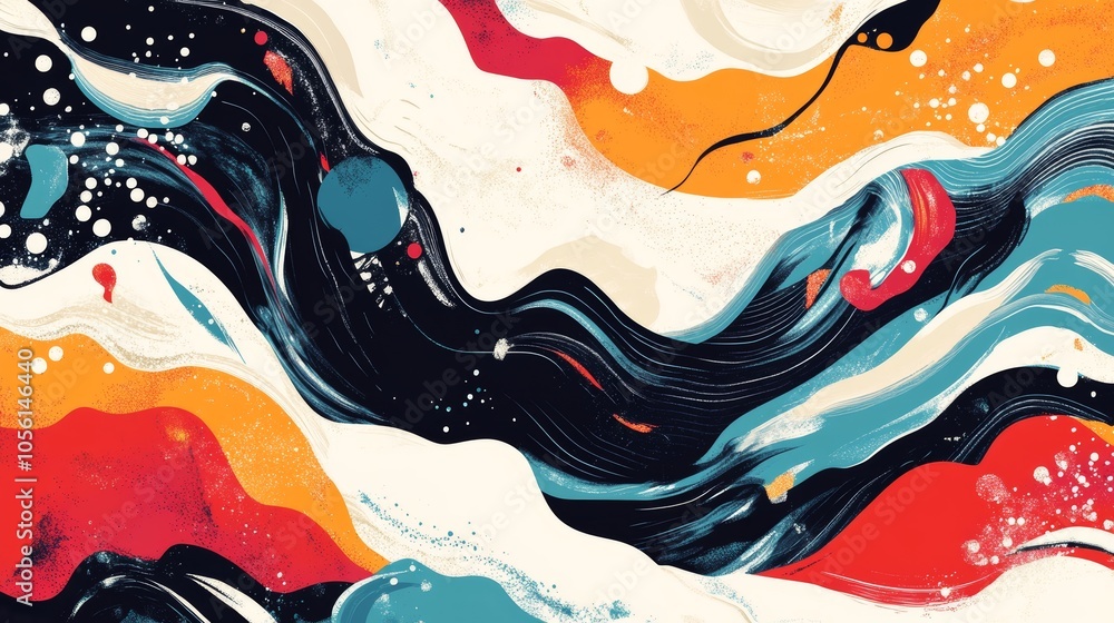 Poster a dynamic abstract artwork featuring swirling flows of color and energetic movements, combining stri