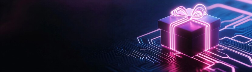 Futuristic neon modern gift box with tech circuit board on black background. Cyber Monday, Black Friday sale. Online shopping and big sale. Template with copy space for holiday promo poster, banner