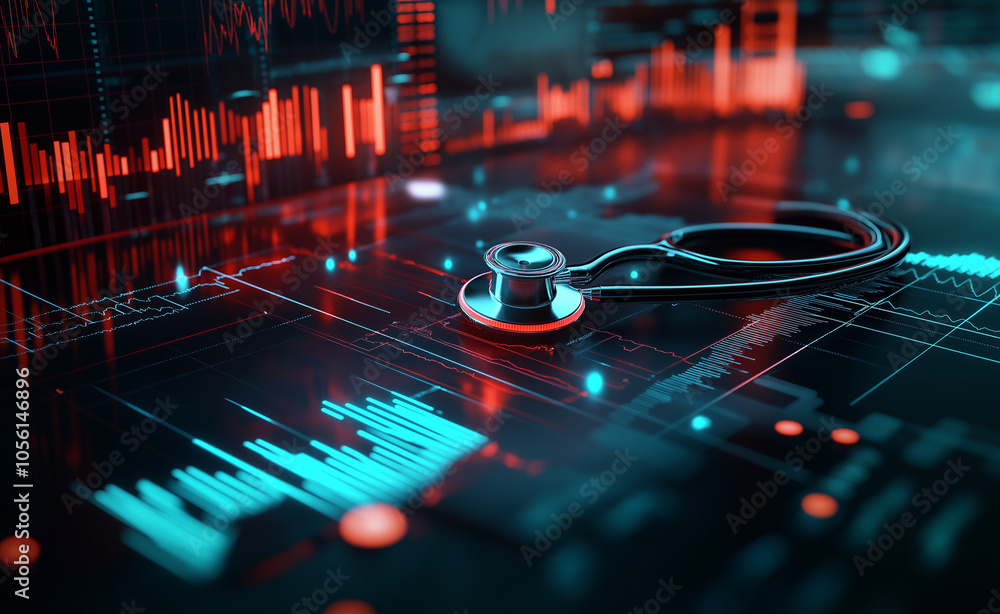 Poster stethoscope on digital heartbeat data screen: close-up of a stethoscope on a digital screen displayi