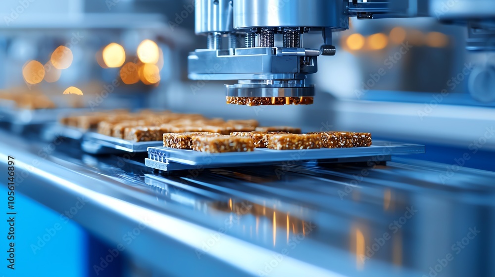 Poster automated food production line efficiently processing snack bars in a modern factory setting with ad
