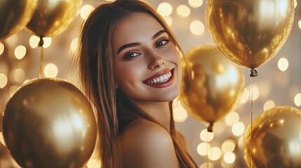 Naklejka premium Smiling Woman with Golden Balloons and Lights
