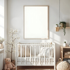 Mock up poster frame above crib in Scandinavian style children's room template