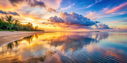 Obraz premium Tranquil beach at sunset, with pastel-colored skies reflecting on the calm water, beach, sunset, tranquil, pastel, skies