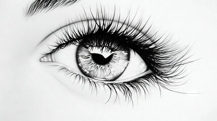   A black and white drawing of an eye with long, fluffy lashes on the outside and the inside The inside of the eye also has lashes on the outside