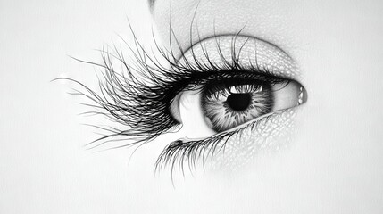   An illustration of an individual's eye featuring extended eyelashes and a watery iris within the pupil