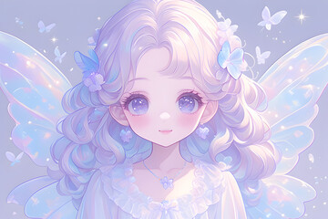 Fototapeta premium A young girl with long blonde hair and wings, surrounded by butterflies.