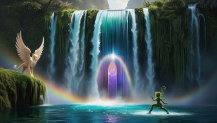 Fantasy landscape. fairyland. Fantasy of waterfall in deep forest. Glowing colorful look like fairytale