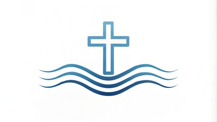 Obraz premium Minimalist cross design rising above stylized blue waves representing faith and purity