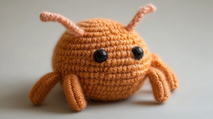 A simple orange crochet bug with a round body and gentle expression sits serenely on a smooth, neutral background, highlighting a minimalistic artistic approach.