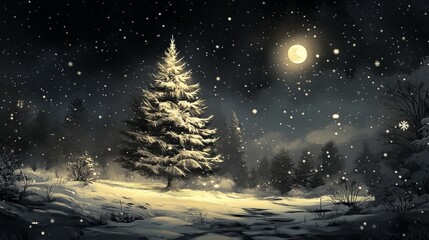 Naklejka premium Winter night landscape with a lonely spruce covered with snow under bright moonlight. Snowflakes swirl in the sky, creating an atmosphere of peace and tranquility.