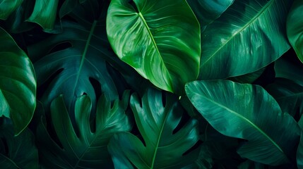 Obraz premium Vibrant and Lush Green Tropical Leaves Create a Peaceful and Serene Nature Background for Every Environment