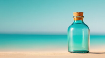 Glass bottle with cork stopper on sandy beach against turquoise sea and sky, AI