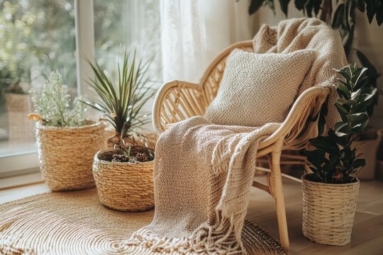 cozy decr, cozy corner with warm blankets and plants on a wooden chair, accented by wicker baskets for an earthy vibe