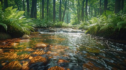   A lush green forest stream runs through, surrounded by many trees and rocks