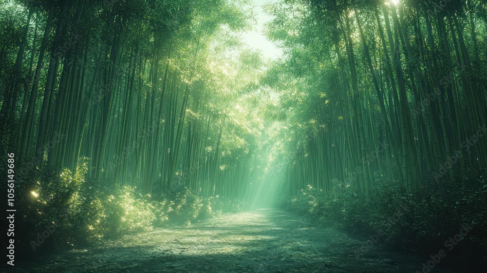 Poster sunbeams illuminate a path through a dense bamboo forest, creating a mystical atmosphere.