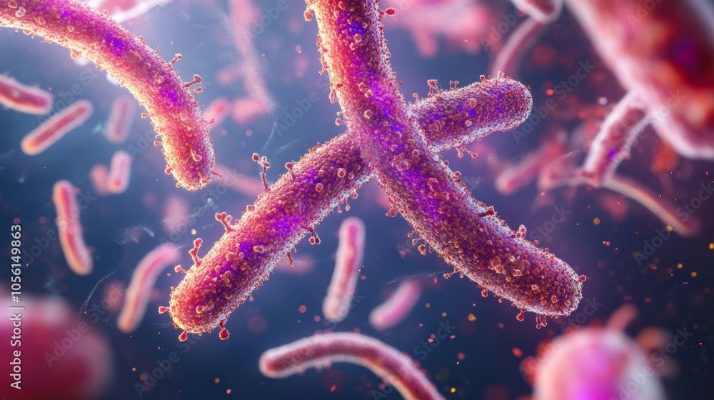 Poster a highly detailed microscopic view of bacteria in action, showcasing their vivid shapes and intricat