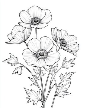 recommend clip art: A detailed black and white line drawing of a group of anemone flowers with soft, open petals and delicate leaves, isolated on white background