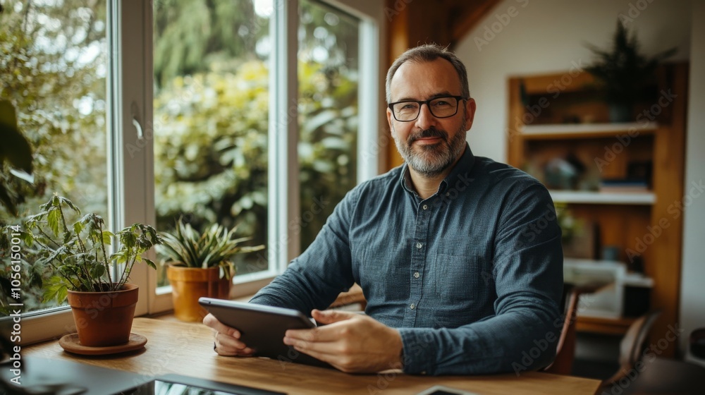 Leinwandbilder a man with glasses is seated at a wooden desk, holding a tablet while surrounded by plants. sunlight