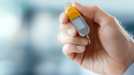 A person holding a security key fob, representing technology and access control in a modern digital environment.