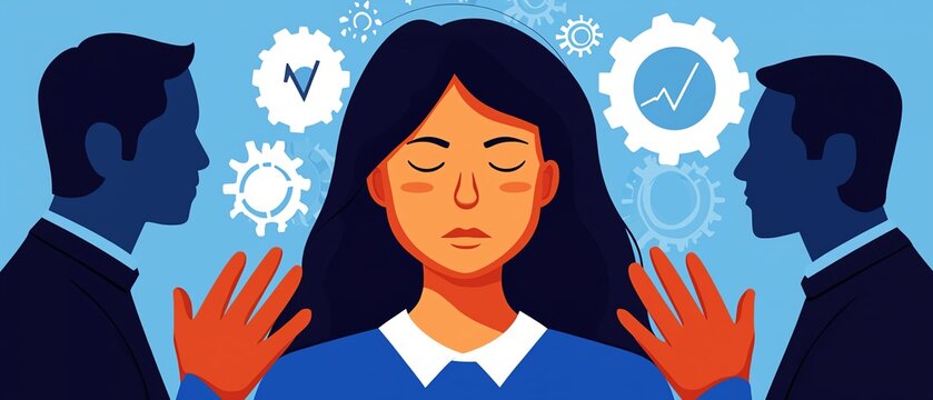 A woman in a blue sweater meditates, surrounded by gears and icons, symbolizing focus amidst external pressures from two shadowy figures.