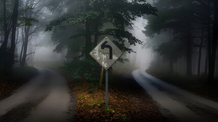 Weathered road sign in misty forest with multiple leaf-covered paths