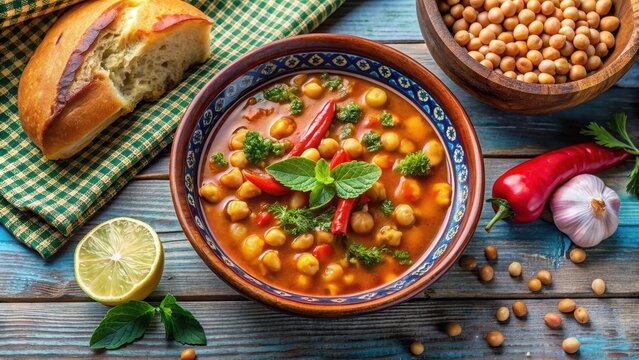 Bowl of traditional Tunisian lablabi soup with chickpeas, bread, and spices , Tunisian, Lablabi, Chickpea, Soup