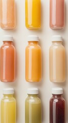 Colorful Array of Fresh Fruit Juices in Bottles