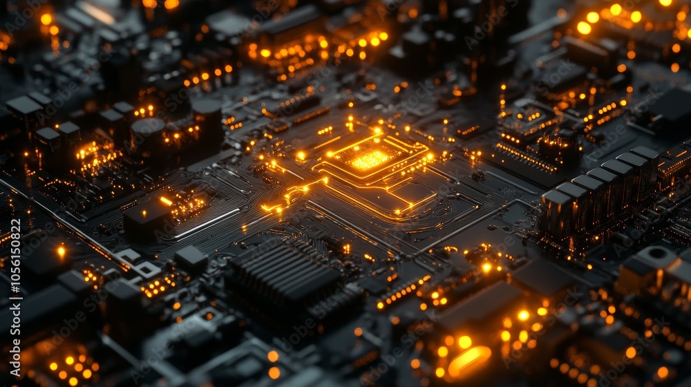 Poster close-up of a glowing circuit board radiating bright orange lights, depicting modern electronics' co