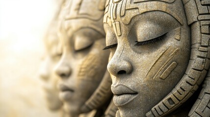Ancient stone sculptures with serene expressions and intricate carvings, AI