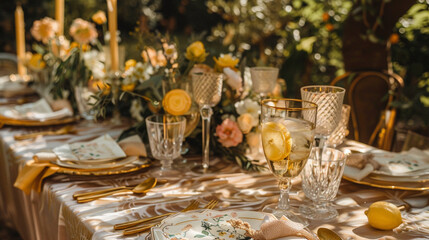 Table decor with fruits in citrus garden, holiday tablescape and dinner table setting, formal event decoration for wedding, family celebration, English country and home styling