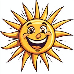 A cheerful and bright cartoon sun with a wide smile and expressive eyes, surrounded by radiating beams of sunlight, invoking warmth and positivity.