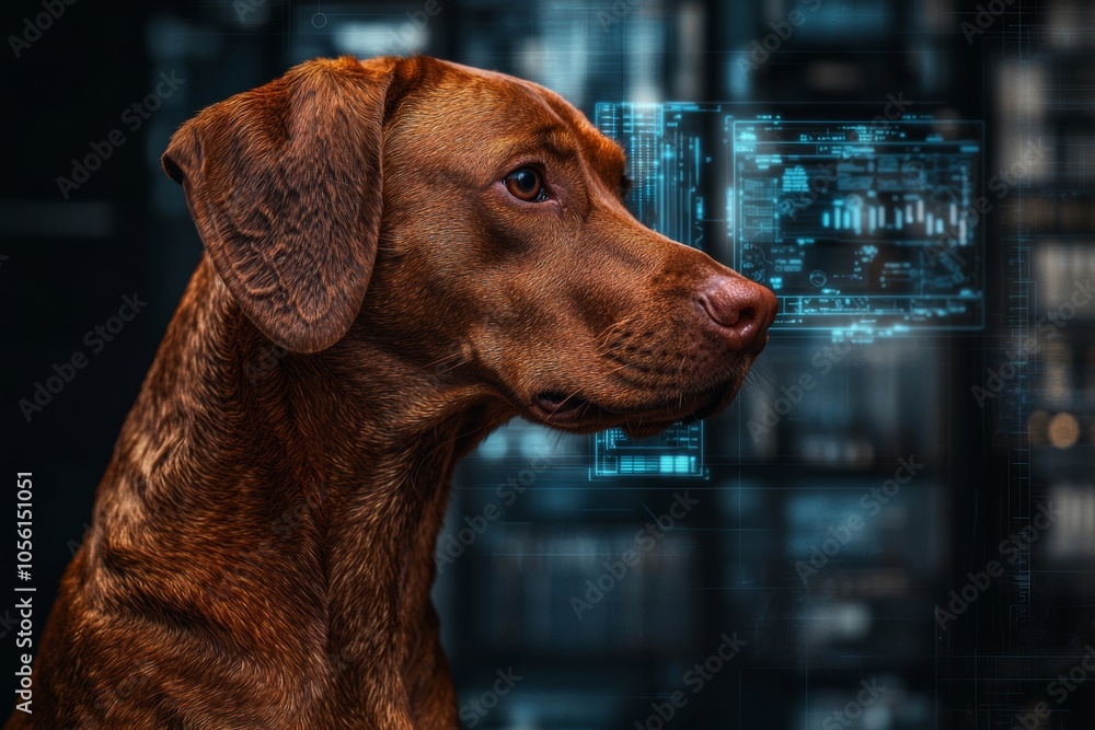 Poster modern office workspace with smart technology and stock. dog analyzing digital interface with futuri