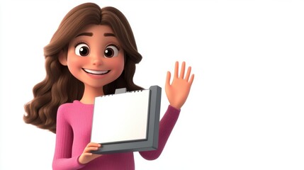 Fototapeta premium A cheerful 3D cartoon actress happily waving, holding a movie script,