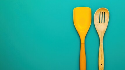   A pair of yellow plastic utensils rests on a blue-green countertop