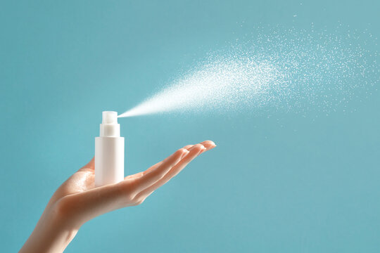 A close-up of a hand holding a spray bottle of lotion or toner, with a burst of liquid mist suspended mid-air, set against a clean blue background. The splash effect creates a refreshing feel