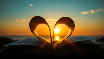 Obraz premium Heart shape from book against peaceful sunset. Reading, religion, love concept. Double exposure isolated with white highlights, png