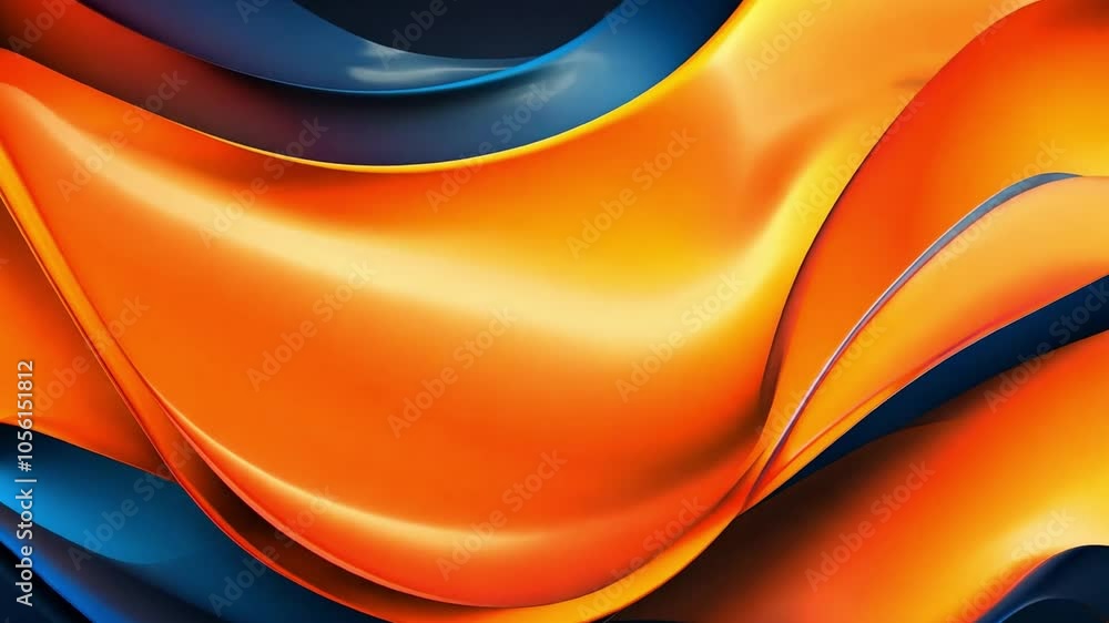 Poster abstract waves of orange and blue silk fabric flow elegantly across a dark background, creating a dy