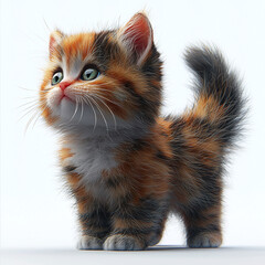 Adorable Fluffy Calico Kitten with Bright Green Eyes and Bushy Tail Looking Upward