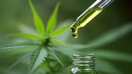 A close-up of a dropper dispensing cannabis oil into a small glass vial