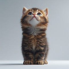 Adorable Fluffy Kitten Looking Up with Bright Blue Eyes on a Grey Background