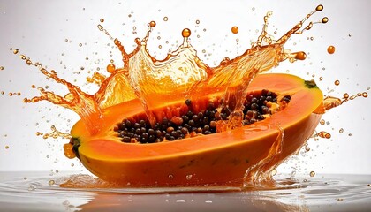 Papaya Bursting Into Splashes of Juice on White Background