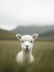 Obraz premium Alpaca in a Field with Black and White Contrast